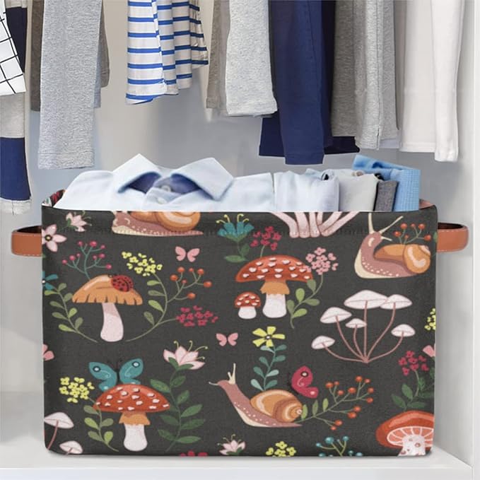 Mushroom with Snails Storage Basket Collapsible Rectangular Storage Bin Large Fabric Storage Boxes Organizer 1Pc with Leather Handles for Clothes Toys Books Kitchen Laundry