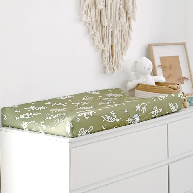 GRSSDER Stretch Ultra Soft Jersey Knit Changing Pad Cover Set 2 Pack,Change Table Pad Covers Fit 32"/34" x 16" Pads Safe and Snug,Stylish Watercolor Flora and Olive for Baby