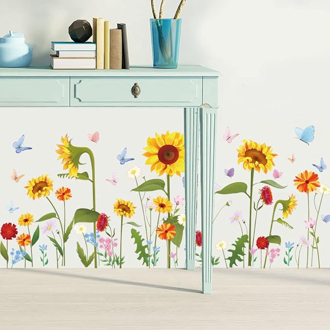 Runtoo Sunflower Butterfly Wall Stickers Garden Flower Wall Decals Bedroom Living Room Nursery Wall Decor