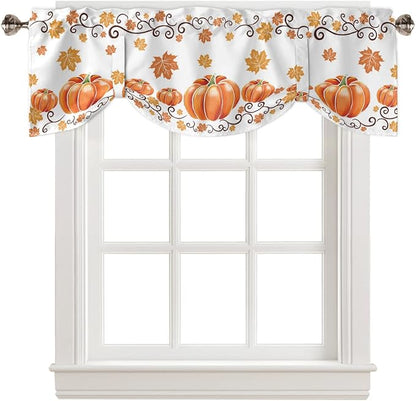 Fall Maple Leaves Blackout Tie Up Valance Curtains for Kitchen Windows Thanksgiving Watercolor Pumpkins Window Toppers Balloon Shades for Living Room/Bathroom/Bedroom,1 Panel,60" X 18" Orange