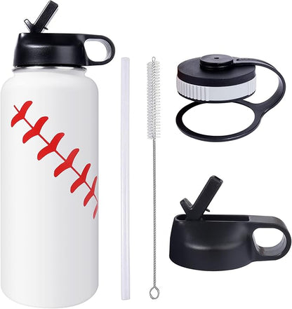 40oz Wide Mouth Baseball Water Bottle with Two Lids(Straw, Handle Lid), 18/8 Stainless Steel Vacuum Insulated for Travel & Sport Cup. (Baseball White, 40oz)