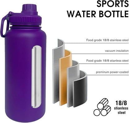 32oz Insulated Water Bottle ，Stainless Steel Sports Water Cup Flask with 2 Lids, Wide Mouth Travel Thermal Mug,Outdoor Sports Bottle（Purple）