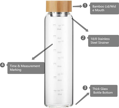Glass Water Bottle 32 oz Wide Mouth with Sleeve Bamboo Lid Motivational Water Bottle With Time Marker Reusable Safe for Hot Cold Drinks Bpa Free (Black)