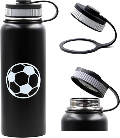 40 oz Soccer Water Bottle, Wide Mouth Travel Sports Flask with 2 Lids（Straw Lid+Flex Cap）BPA Free 18/8 Stainless Steel Double Wall Vacuum Insulated Water Bottles (40oz, Soccer)