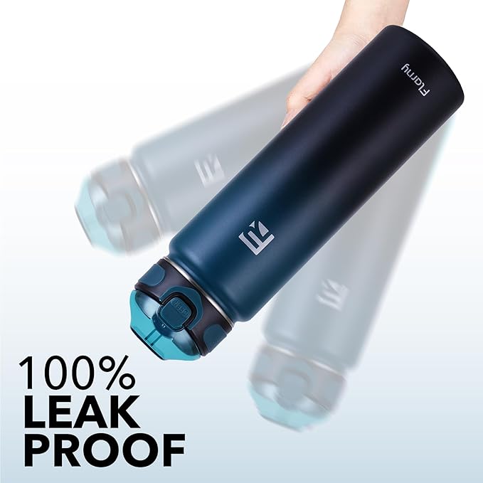 32 oz Insulated Water Bottle with Straw, Stainless Steel Metal Thermos Bottles, Durable Non-Slip Gradient Bottle with Strap for Sports and Travel, Leak Proof (Navy Blue Black)