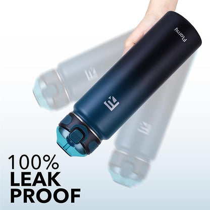32 oz Insulated Water Bottle with Straw, Stainless Steel Metal Thermos Bottles, Durable Non-Slip Gradient Bottle with Strap for Sports and Travel, Leak Proof (Navy Blue Black)