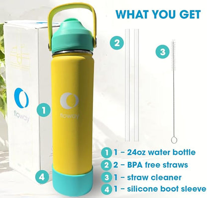 24oz Stainless Steel Vacuum Insulated Water Bottle with Straw Lid and Cleaning Brush, BPA Free, Leakproof, Temp Control, for Hot and Cold Drinks (Vibrant Lemon, 24oz)