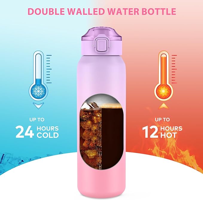 32oz Water Bottle with Removable Straw and Spout Lid Two Ways to Drink, 18/10 Stainless Steel Insulated Water Bottle, BPA-Free, Leak Proof, Double wall, for Sports, Gym