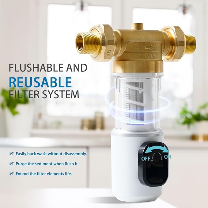 40Micron Spin Down Sediment Filters With Scraper, Reusable Whole House Sediment Water Filter, Pre-Filtration System for City/Well Water, 1.6" MNPT + 1" FNPT + 1" MNPT, BPA Free