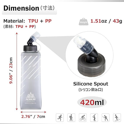 Azarxis TPU Soft Flask Folding Collapsible Water Bottles BPA-Free for Hydration Pack - Ideal Trail Running Hiking Cycling Climbing (420ml/14.20oz - 2 Pack)