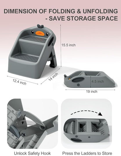 Toddler Step Stool Dark Grey, Foldable 2 Step Stool for Kids Bathroom Sink Potty Toilet, 15" Height(11" Two Steps & 4" Back Support), Cute & Lightweight Gift to Give Todders 1-3 More Independence