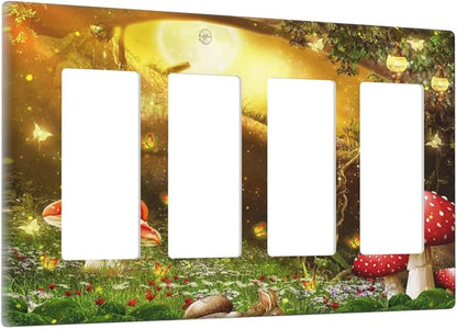 Red Mushroom Forest Fairy Moon Butterfly 4 Gang Rocker Decora Bohemian Light Switch Cover Decorative Outlet Covers Wall Plate Electrical Faceplate Switchplate GFCI for Kidroom Nursery Decor