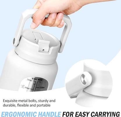 64 oz Glass Water Bottle with Straw and 2 Lids, Half Gallon Water Bottle with Sleeve, Large Insulated 2 Liter Glass Water Jug Time Marker with Handle - White