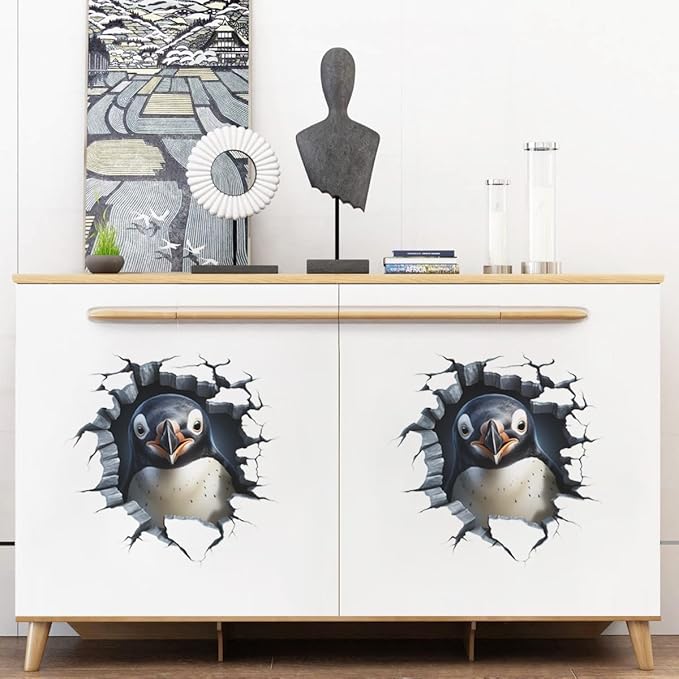 3 PCS Broken Penguin Wall Decals Break Through The Wall Penguin Wall Stickers Removable 3D Animal Wal Art Decor for Kids Room Playroom Nursery Bathroom