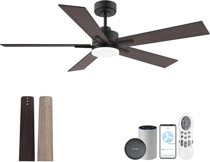 52” Smart Ceiling Fan with Lights Remote,Ultra Silent DC Motor,Control via Alexa Google Voice App Wifi,Outdoor Indoor Modern Ceiling Fans for Bedroom Patio Porch,Dimmable,Black Walnut Brown