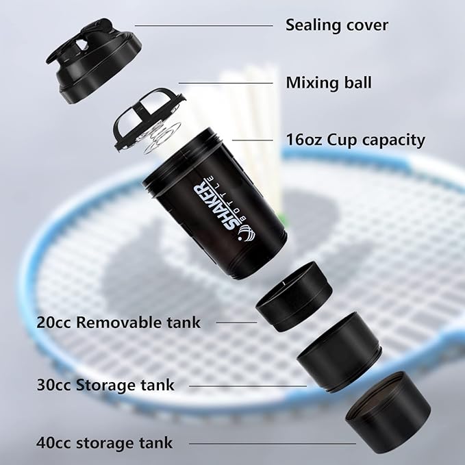 Shaker Bottle 16OZ Protein Shaker Bottles with Mix Ball Portable Sports Water Bottle Leak Proof GYM Cup for Protein Mixes with Powder Storage & Pill Organizer, Idea for Pre Workout,BPA Free(black)