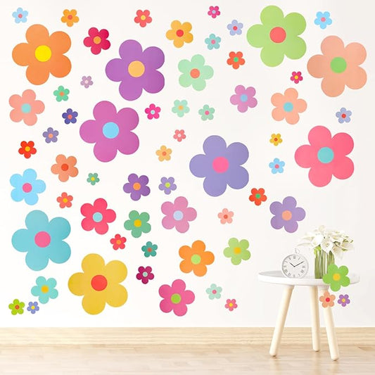 63pcs Cute Flowers Wall Sticker PVC Colorful Y2k Floral Wall Decor Vinyl Peel and Stick Flowers Stickers for Teen Girls Boy Kids Nursery Bedroom Kindergarten(9 Sheets, Bright Colors)