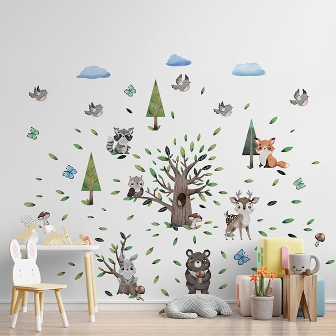 Large Animals Wall Decals for Kids by Lipastick – 133 pcs Woodland Animal Wall Stickers – Forest Animal Wall Decals for Kids Boys Baby Girls – Kids Wall Decals Bear Fox Deer Hare Raccoon Owl M Size