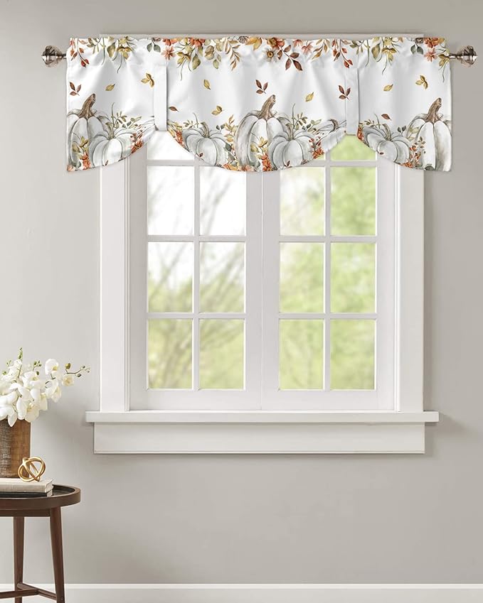 Fall Floral Leaves Blackout Tie Up Valance Curtains for Kitchen Windows Thanksgiving Pumpkins Window Toppers Balloon Shades for Living Room/Bathroom/Bedroom,1 Panel,42" X 18" Boho