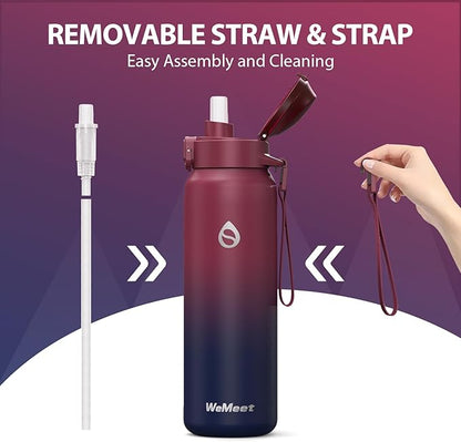 32oz Water Bottle with Removable Straw and Spout Lid Two Ways to Drink, 18/10 Stainless Steel Insulated Water Bottle, BPA-Free, Leak Proof, Double wall, for Sports, Gym