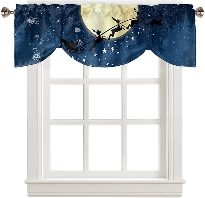 Christmas Blackout Tie Up Valance Curtains for Kitchen Windows Santa Claus Reindeer Window Toppers Balloon Shades for Living Room/Bathroom/Bedroom,1 Panel,60" X 18" Blue Snowy Night