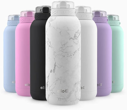 Ello Cooper 22oz Stainless Steel Water Bottle with Straw and Carry Handle, Double Walled and Vacuum Insulated Metal, Leak Proof Locking Lid with Soft Silicone Spout, Reusable, BPA Free, White Marble