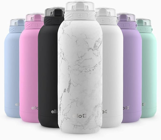Ello Cooper 22oz Stainless Steel Water Bottle with Straw and Carry Handle, Double Walled and Vacuum Insulated Metal, Leak Proof Locking Lid with Soft Silicone Spout, Reusable, BPA Free, White Marble