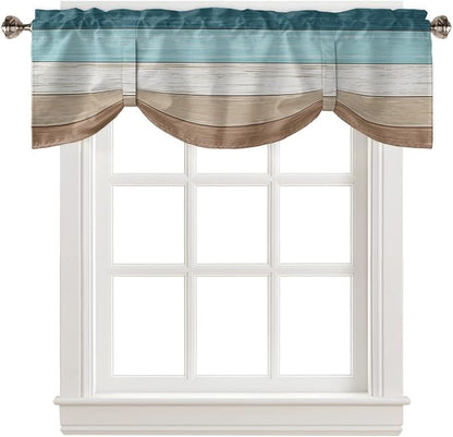Farmhouse Blackout Tie Up Valance Curtains for Kitchen Windows,Teal Blue Brown Beach Window Toppers Balloon Shades for Living Room/Bathroom/Bedroom,1 Panel,54" X 18" Retro Rustic Barn Wood Texture
