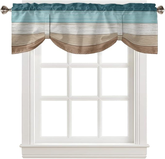 Farmhouse Blackout Tie Up Valance Curtains for Kitchen Windows,Teal Blue Brown Beach Window Toppers Balloon Shades for Living Room/Bathroom/Bedroom,1 Panel,54" X 18" Retro Rustic Barn Wood Texture