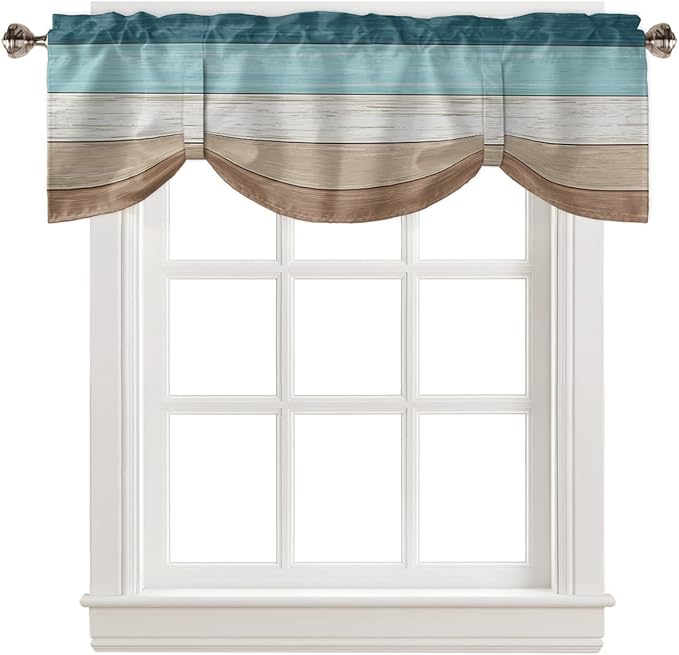 Farmhouse Blackout Tie Up Valance Curtains for Kitchen Windows,Teal Blue Brown Beach Window Toppers Balloon Shades for Living Room/Bathroom/Bedroom,1 Panel,60" X 18" Retro Rustic Barn Wood Texture