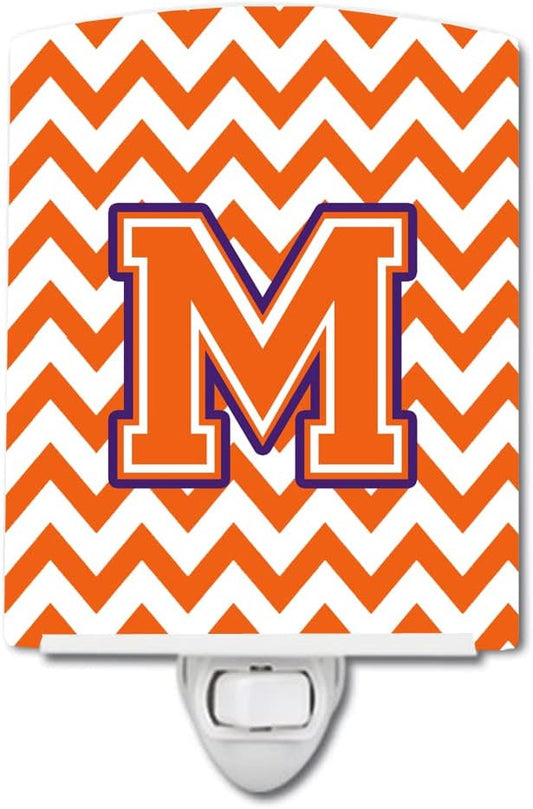 Caroline's Treasures CJ1062-MCNL Letter M Chevron Orange and Regalia Ceramic Night Light Compact, UL-Certified, Ideal for Bedroom, Bathroom, Nursery, Hallway, Kitchen, 6x4x3, Multicolor