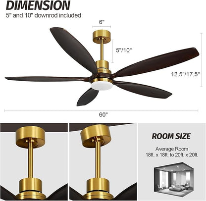 60" Ceiling Fan with Light and Remote,Reversible DC Motor,6Speed,Modern Natural Wood Ceiling Fan with Dimmable LED for Outdoor Patios Bedroom Living Room,Grey Walnut and Brass
