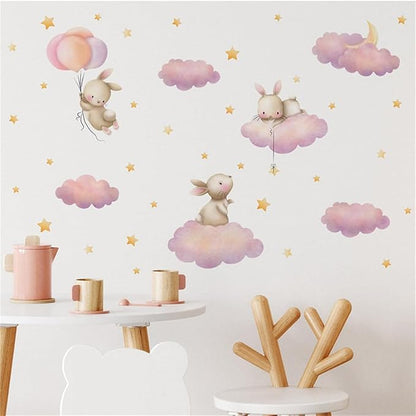 Rabbit Cloud Star Wall Stickers for Bedroom Girls Room Bunny Moon and Stars Nursery Decor Wall Decal