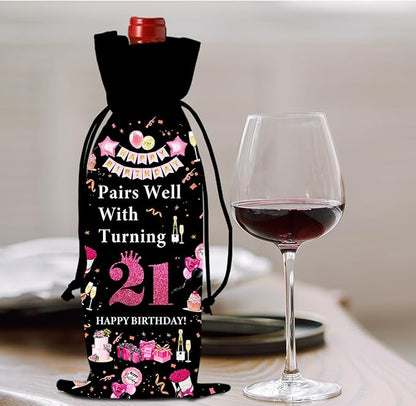 21st Birthday Gifts for Her Him Wine Bag, 21 Year Old Birthday Gifts for Her, Happy 21st Birthday Party Decorations for Her Him, Pairs Well with Turning 21 Wine Bags (Black Pink)