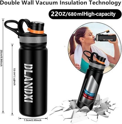 22 oz Double Wall Vacuum Insulated Stainless Steel Water Bottle with Spout Lid BPA Free (BLACK, 22 OZ)