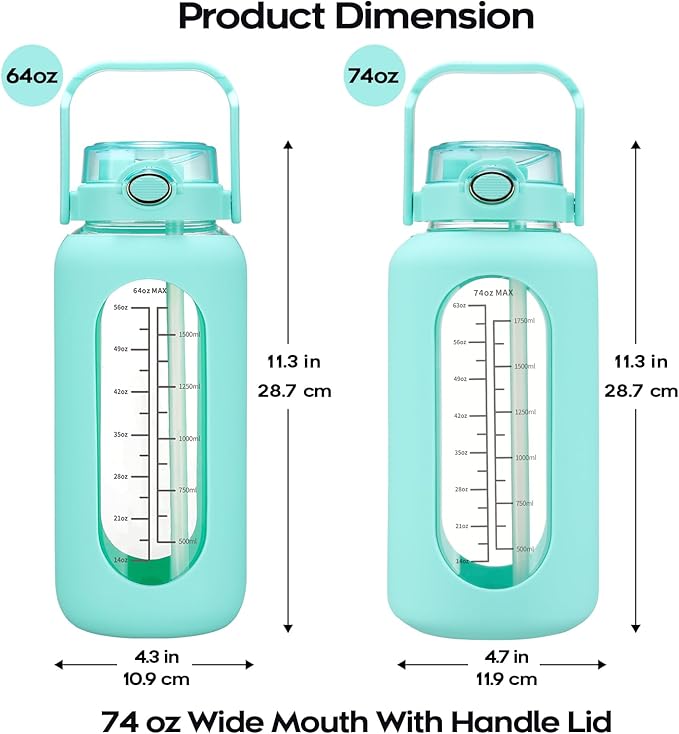 74 oz Glass Water Bolttles with Straw Large Motivational Water Bottle with Time Marker Sports Water Bottles with Silicone Sleeve and Handle Lid 2.2L Water Jug for Gym Workout