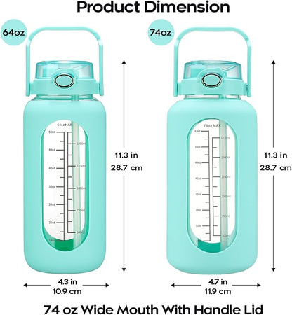 74 oz Glass Water Bolttles with Straw Large Motivational Water Bottle with Time Marker Sports Water Bottles with Silicone Sleeve and Handle Lid 2.2L Water Jug for Gym Workout