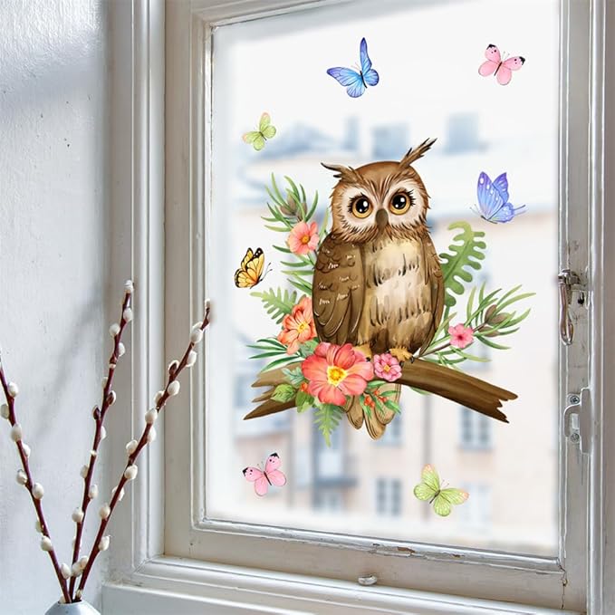 Owl On A Branch Wall Decal Butterfly Flower Wall Stickers Peel and Stick Living Room Bedroom Bathroom Kitchen Nursery Window Glass Decorative Art Murals 11.8in*11.8in