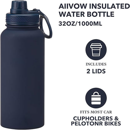 Navy 32 OZ Insulated Water Bottle, Large Metal Insulated Stainless Steel Water Flask, Big Sports Travel Water Bottle with 2 Lids, Insulated Thermos Thermal Mug Cup