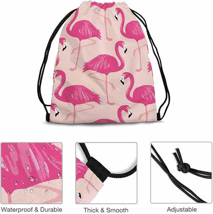 Drawstring Backpack Pink Flamingos Lightweight Gym Backpack Wildlife Tropical Bird Safari Romantic for Women Men 14x16.9 Inch