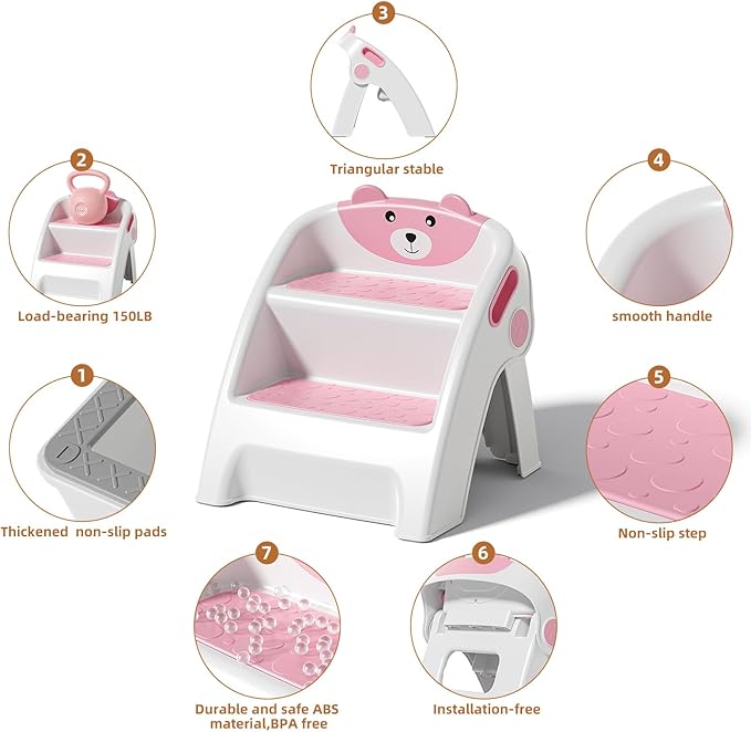 Toddler Step Stool for Bathroom Sink and Potty Training Durable Anti-Slip,Anti-Tip A-Frame,10-Second Assembly, 2-Step Potty Stool with Wide Steps,CPC Certified for Safe and Kids Easy Hand Washing
