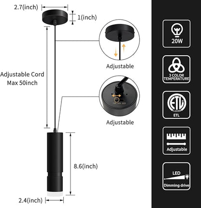 OKELI Pendant Lights, Modern Black Pendant Lights Fixture,3 Color Unique LED Pendant Lighting for Kitchen Island Bar,20W,3000-6000K, ETL(3Pack)