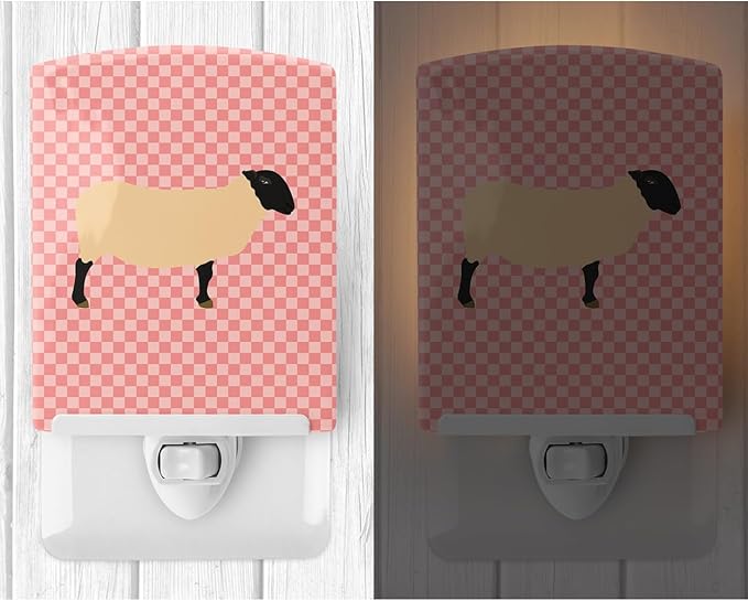 Caroline's Treasures BB7972CNL Suffolk Sheep Pink Check Ceramic Night Light Compact, UL-Certified, Ideal for Bedroom, Bathroom, Nursery, Hallway, Kitchen, 6x4x3, Multicolor