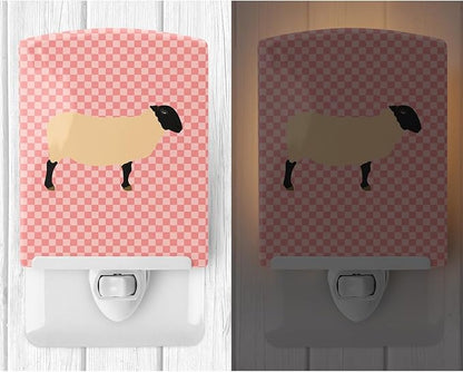 Caroline's Treasures BB7972CNL Suffolk Sheep Pink Check Ceramic Night Light Compact, UL-Certified, Ideal for Bedroom, Bathroom, Nursery, Hallway, Kitchen, 6x4x3, Multicolor