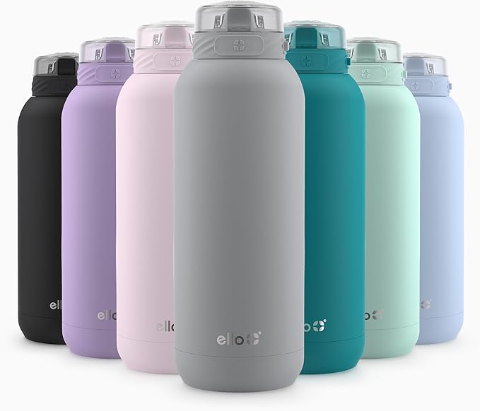Ello Cooper 40oz Stainless Steel Water Bottle with Straw and Carry Handle, Double Walled and Vacuum Insulated Metal, Leak Proof Locking Lid with Soft Silicone Spout, Reusable, BPA Free, Grey