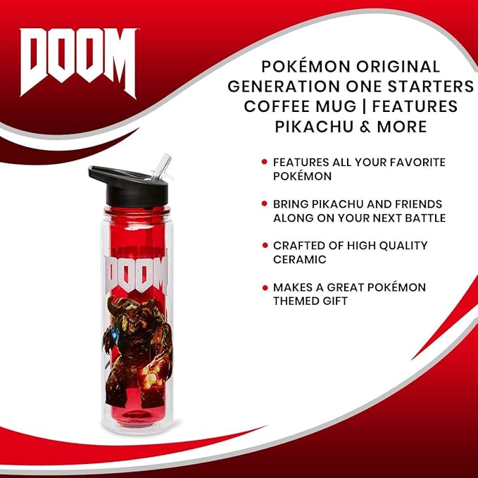 JUST FUNKY Official DOOM Cyberdemon Double Wall Plastic Water Bottle - 16-Ounce Container with Lid for Water, Tea, Coffee - Insulated Drinking Cup for Travel, Hiking Running - Licensed Merchandise