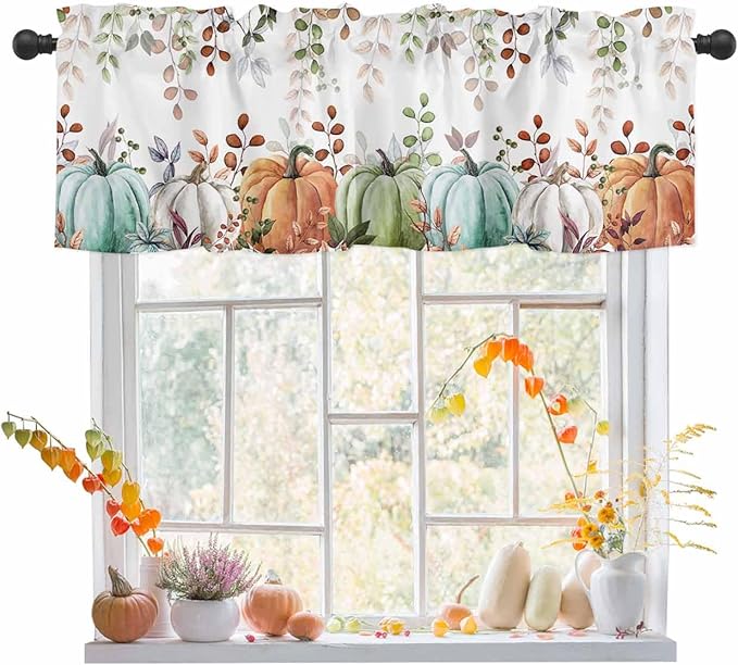 Fall Thanksgiving Kitchen Curtains Valances for Windows Autumn Pumpkins Eucalyptus Leaves Rod Pocket Window Treatment for Kitchen /Living Room/Bedroom/ Bathroom, 42" X 18", Blue Sage Green Orange