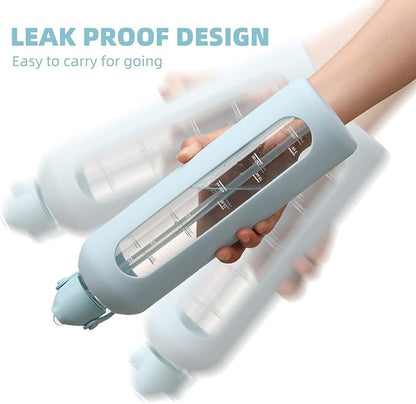 20 oz Glass Water Bottles with Straw Borosilicate Glass Water Bottle with Time Marker Motivational Water Bottles with Silicone Sleeve Leak Proof Reusable BPA Free