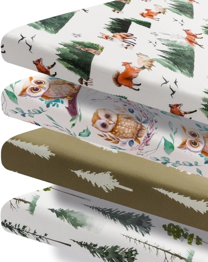 4 Pack N Play Sheets Woodland Forest Animals Wood Neutral Unisex Fitted Baby N Play Sheets Fitted for Standard Pack and Plays and Mini Cribs Set for Baby Boys or Girls (Paint Fox)