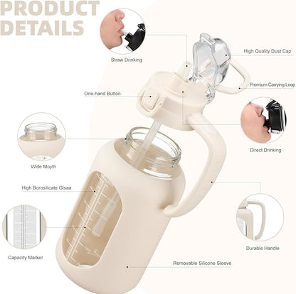 64 oz Glass Water Bolttles Half Gallon Large Motivational Water Bottle with Time Marker Sports Water Bottles with Silicone Sleeve and Handle Lid Water Jug for Gym Workout-1 Pack